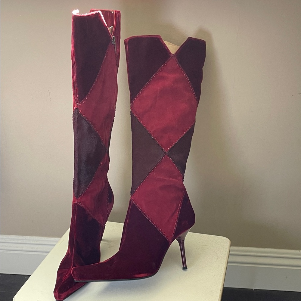 Sergio Rossi Red Patchwork Heeled Boots